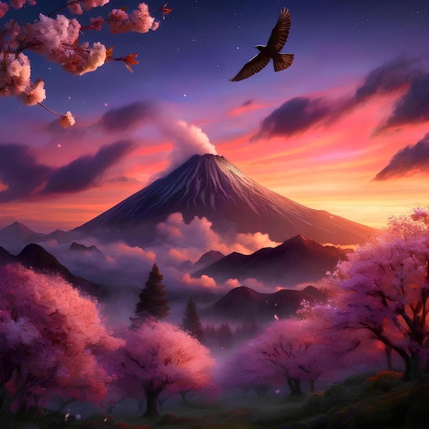 a montanha vulcânica e as flores de sakura