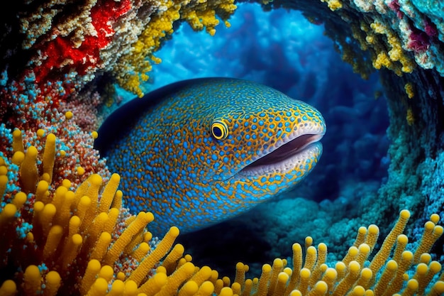 A moreia amarela azul flutua entre belos corais vermelhos e laranjas subaquáticos