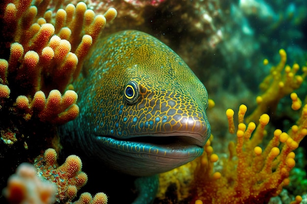 A moreia predatória verde amarela espreita na toca entre os corais