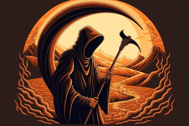 A Morte, também conhecida como Grim Reaper, lança magia negra na foice ilustração de estilo de arte digital pintura ilustração de fantasia de um Grim Reaper