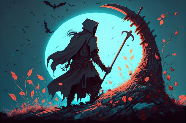 A Morte, também conhecida como Grim Reaper, lança magia negra na foice ilustração de estilo de arte digital pintura ilustração de fantasia de um Grim Reaper