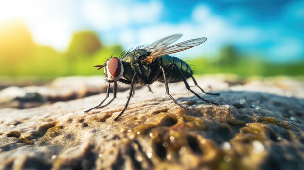 A mosca em cima de uma folha de grama em um cenário natural