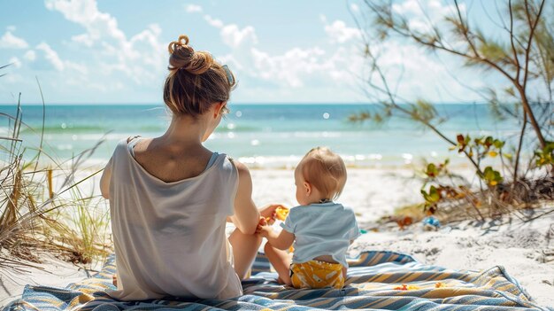 Foto a mother and baby on the beach with the ocean in the background