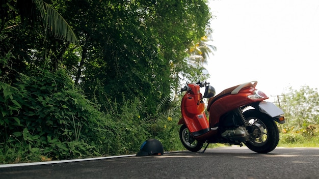 A moto vermelha na viagem de trilha da floresta. uma scooter, perto de palmeira tropical. turismo de passeio de ásia tailândia. moto única, aluguel. capacete de segurança.