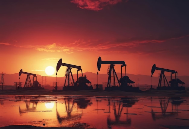 A mudança nos preços do petróleo causada pela guerra Conceito de limite de preços do petróleo Perforadores de perfuração de petróleo em campos petrolíferos do deserto Produção de petróleo bruto a partir do solo Produção petrolífera