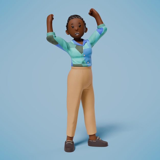 A mulher 3D levantou-se e levantou os punhos com um sorriso.