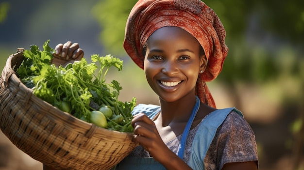 A mulher afro-americana segura uma cesta com uma colheita de vários vegetais