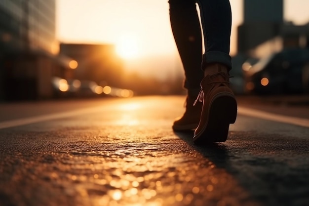 A mulher caminha na estrada e começa a ter sucesso fechando os sapatos conceito de objetivo generativo Ai