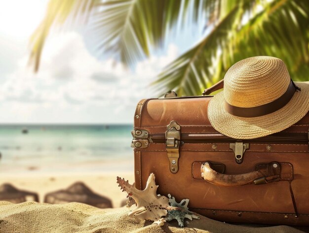 Foto a mulher com a bolsa vem para a praia tropical ensolarada