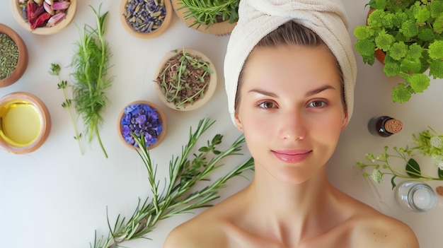 A mulher cuida da pele facial mantendo naturalmente o brilho juvenil