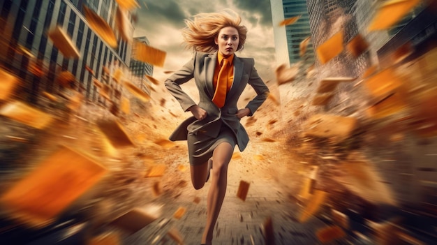 A mulher de negócios rápida correndo correndo rápido com o tempo em fundo caótico e colorido AI generativa AIG30