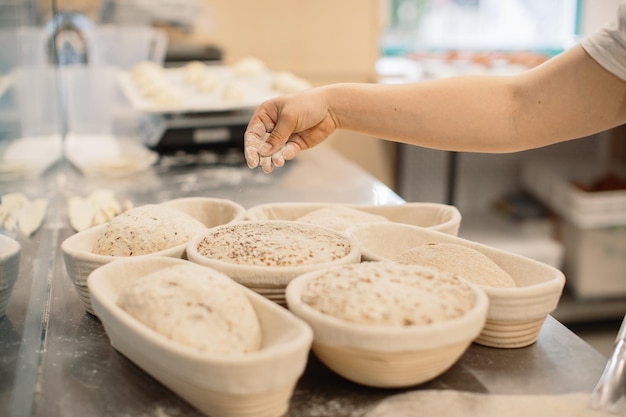 A mulher do padeiro polvilha farinha nos pães em forma de pão de estilo rústico antes de assar pão rústico de grãos inteiros