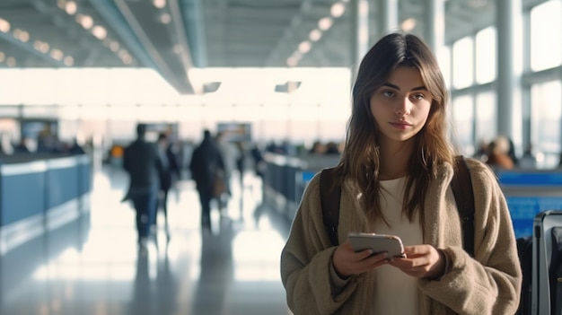 A mulher do terminal do aeroporto espera pelo vôo usa o smartphone Navegue pela Internet Mídia social Sho on-line