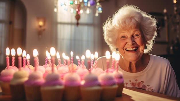 A mulher está a soprar as velas nos cupcakes.