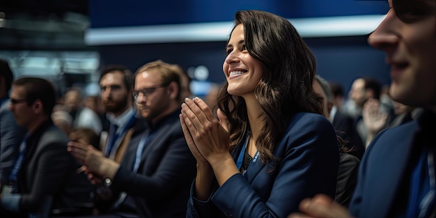 Foto a mulher está a sorrir e a aplaudir na multidão.