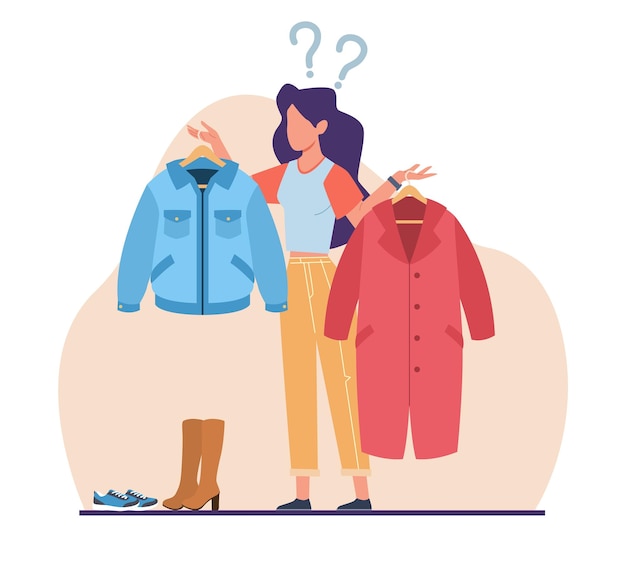 A mulher está confusa ao escolher a melhor roupa quando sai ao ar livre Problema de escolha Personagem feminina atenciosa Vestuário de moda em ganchos conceito de compras vetorial isolado de desenho animado