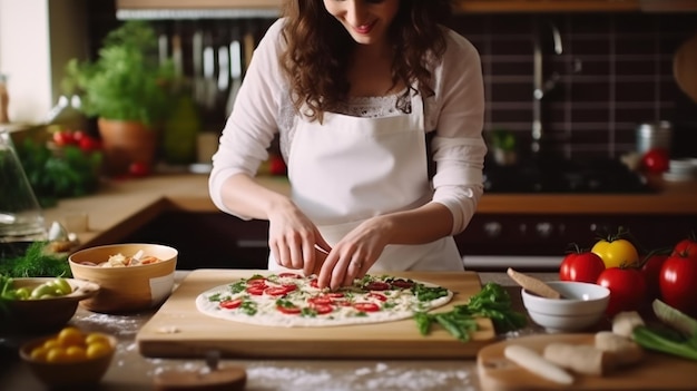 A mulher está cozinhando a pizza italiana