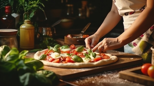 A mulher está cozinhando a pizza italiana