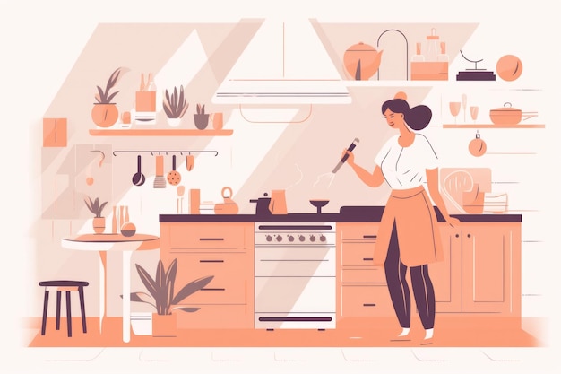 A mulher está cozinhando na ilustração do vetor do interior da cozinha da cozinha