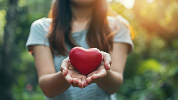 A mulher está segurando um coração vermelho conceito de caridade seguro de saúde amor dia internacional da cardiologia