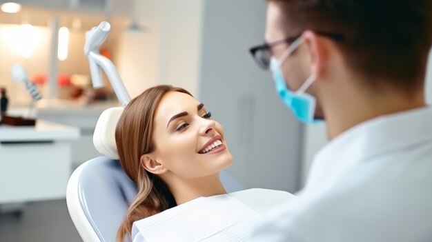 A mulher está sorrindo Uma bela jovem está sentada na cadeira do dentista, uma pessoa feliz está com os dentes limpos