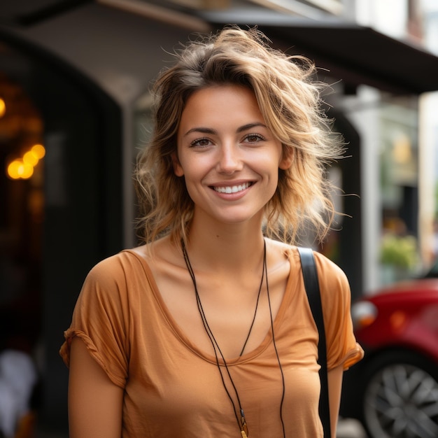 A mulher está sorrindo