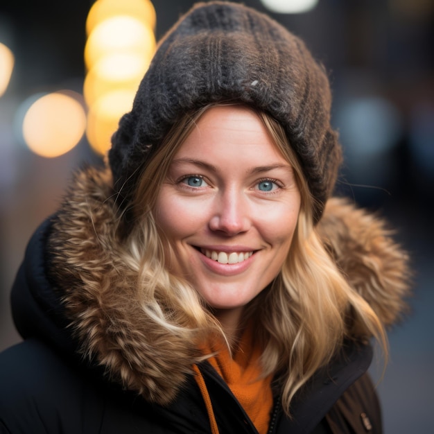 A mulher está sorrindo