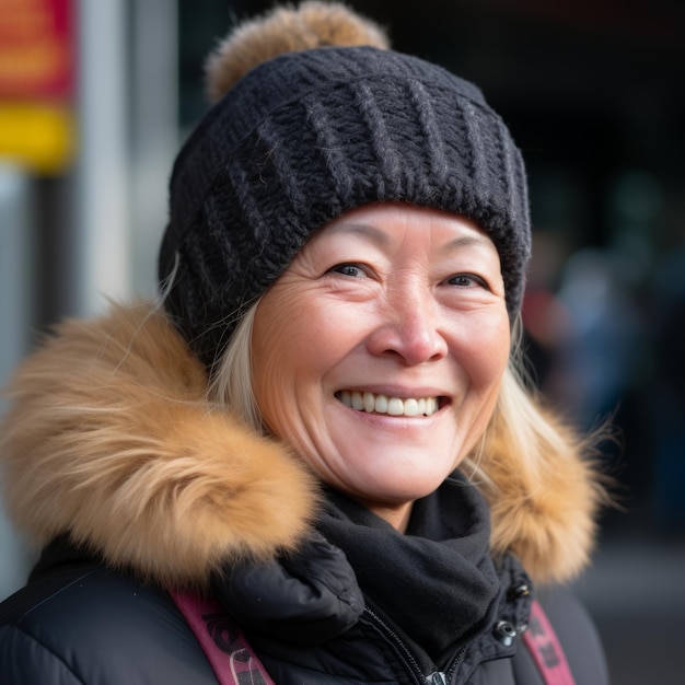 A mulher está sorrindo