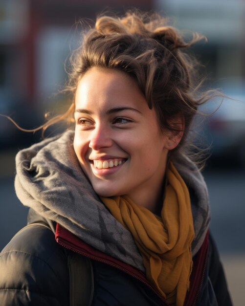 A mulher está sorrindo