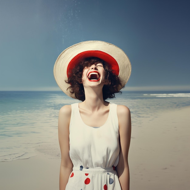 A mulher feliz na rodada tinha em uma praia de areia