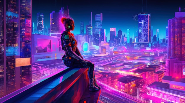 Foto a mulher futurista senta-se no telhado da casa da cidade da fantasia mundo cyberpunk generativo ai