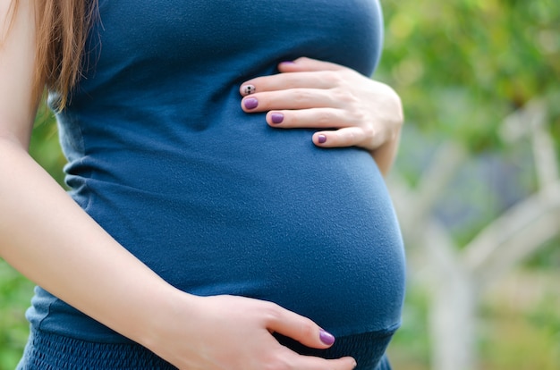 A mulher gravida que mantém sua barriga, fim.