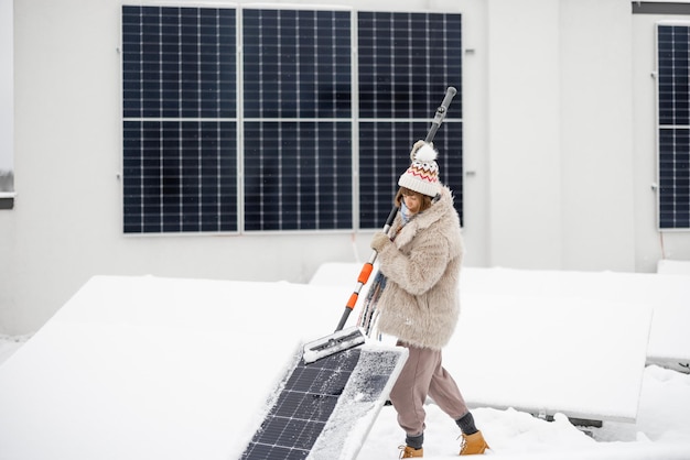 A mulher limpa os painéis solares da neve