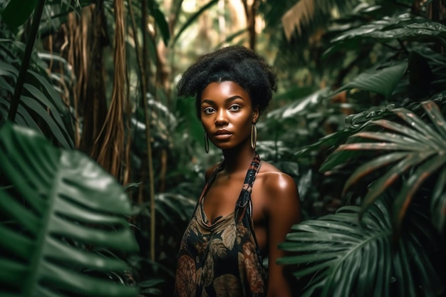 A mulher negra está no retrato da selva de uma mulher nativa na IA generativa da floresta