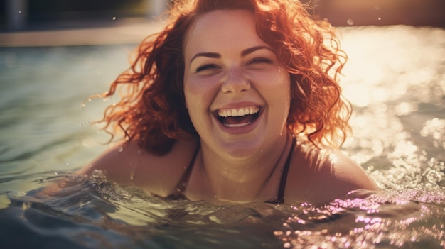 A mulher obesa nadando na piscina tem férias em um hotel de luxo classe de aeróbica aquática AI