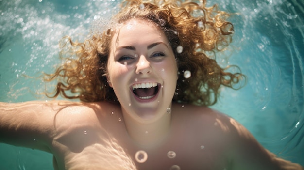 A mulher obesa nadando na piscina tem férias em um hotel de luxo classe de aeróbica aquática AI