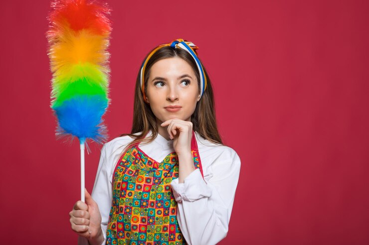 Foto a mulher pinup segura uma mulher pinup de espanador de garrafa de sopa com cara feliz no fundo rosa