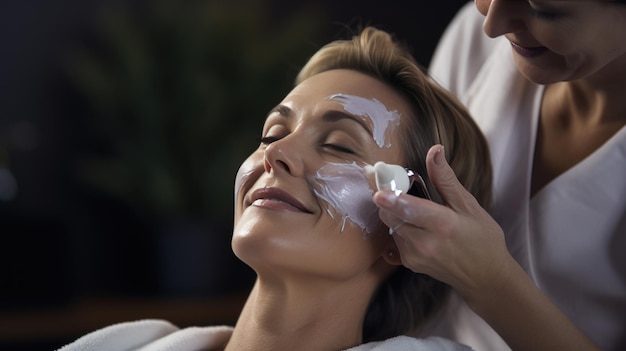 A mulher tem um procedimento cosmético relaxante realizado por um médico cosmético em uma clínica criada com tecnologia Generative AI