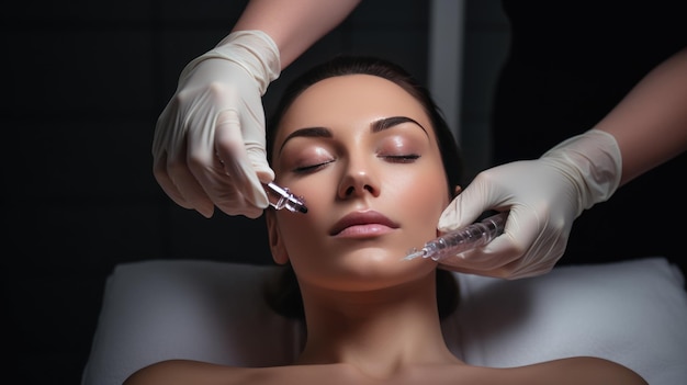 A mulher tem um procedimento cosmético relaxante realizado por um médico cosmético em uma clínica criada com tecnologia Generative AI