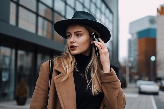 A mulher usa a senhora do smartphone no revestimento marrom e no chapéu que guarda o telefone móvel generative AI