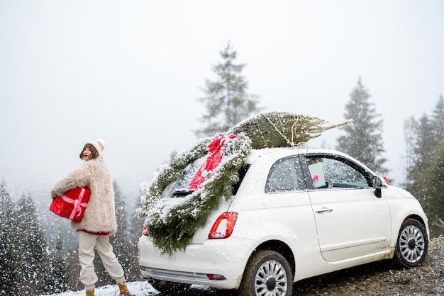 A mulher viaja de carro durante as férias de inverno