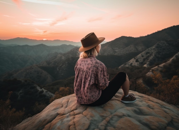 A mulher virada para trás senta-se na rocha e assiste o pôr do sol generativo AI