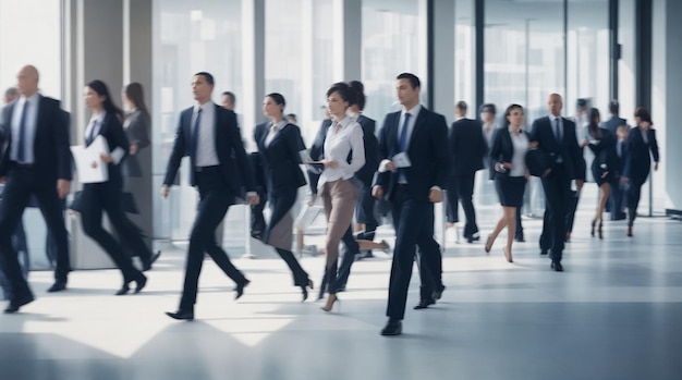 A multidão de empresários andando no escritório em movimento rápido