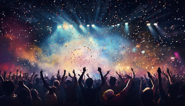 Foto a multidão do concerto com luzes coloridas do palco e confetes