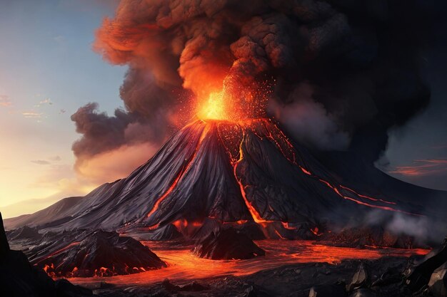 A natureza desencadeou uma poderosa erupção vulcânica com fluxo de lava.