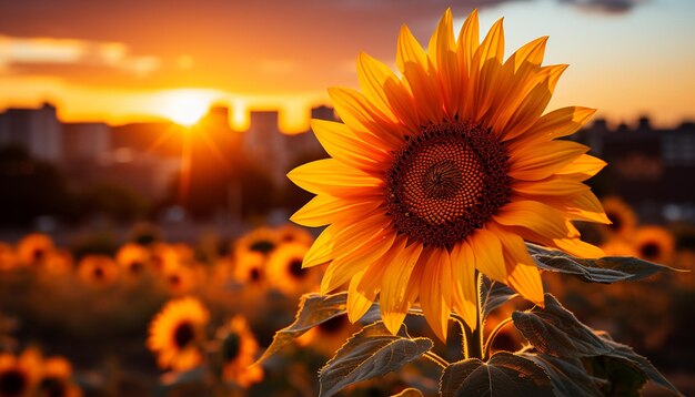 Foto a natureza do girassol floresce com cabeças de flores vibrantes no pôr-do-sol dourado gerado pela ia