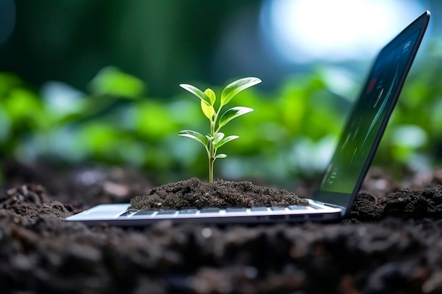 A natureza encontra a tecnologia Planta crescendo no teclado do laptop