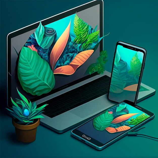 Foto a natureza irrompe dos gráficos de design do telefone tablet laptop