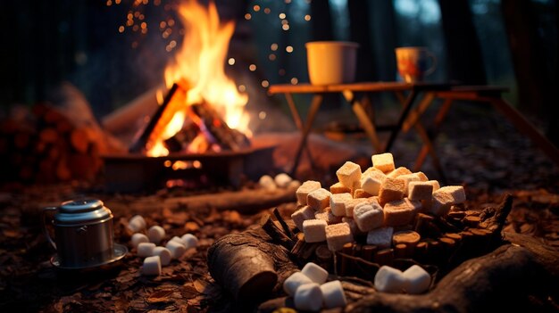 A natureza morta de Natal com chocolate quente e marshmallows na lareira.