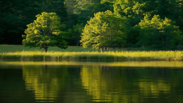 A natureza no verão, as árvores verdes refletem-se na água.